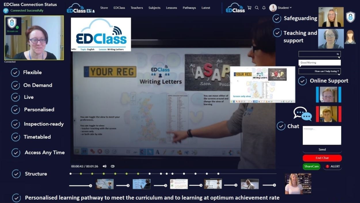 Screenshot of the virtual classroom environment and live EDClass learning support
